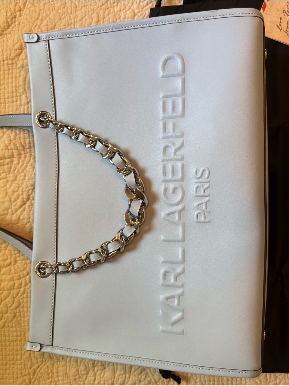 Karl Lagerfeld Light Blue Embossed Logo Tote with Silver Chain
